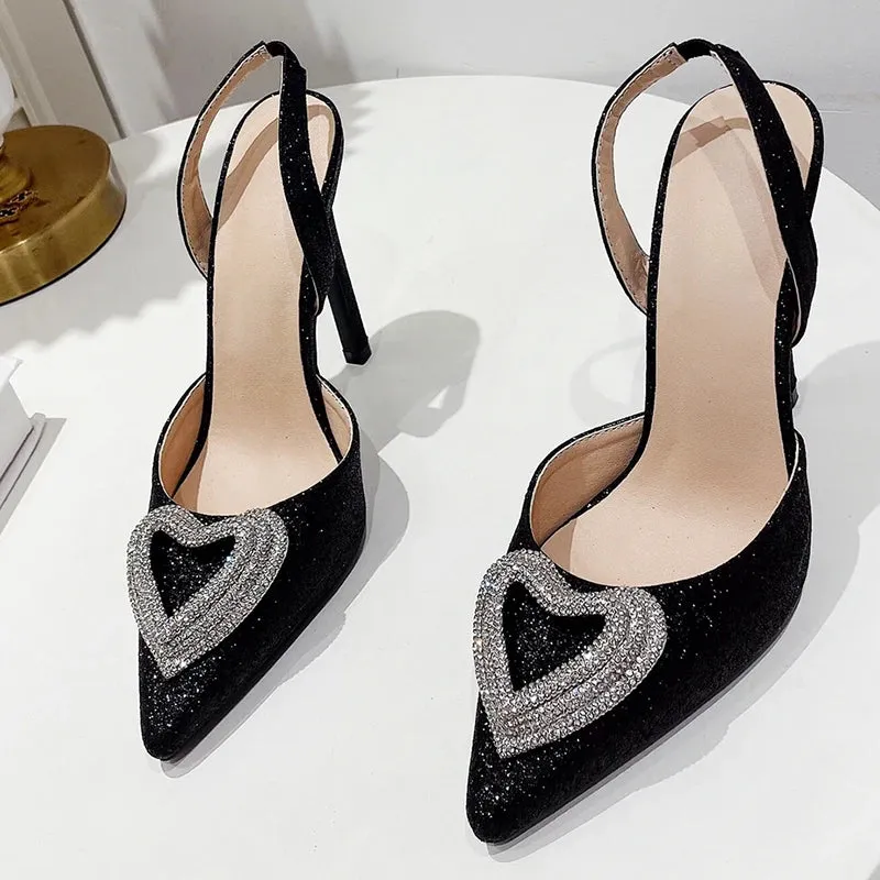 Aneikeh Glitter Heart-shaped Rhinestone Sandals Pumps 2025