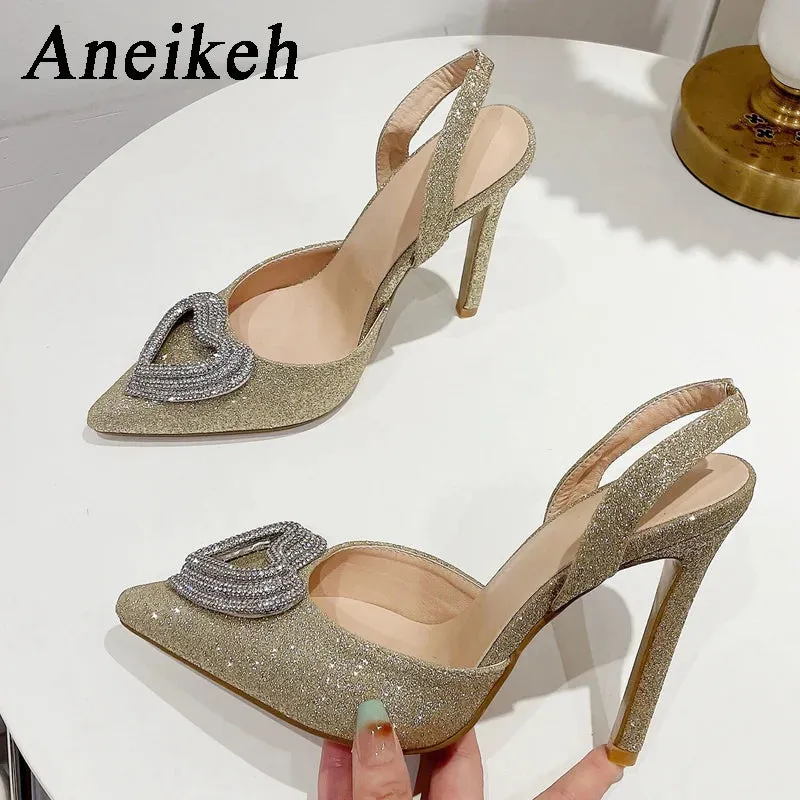 Aneikeh Glitter Heart-shaped Rhinestone Sandals Pumps 2025