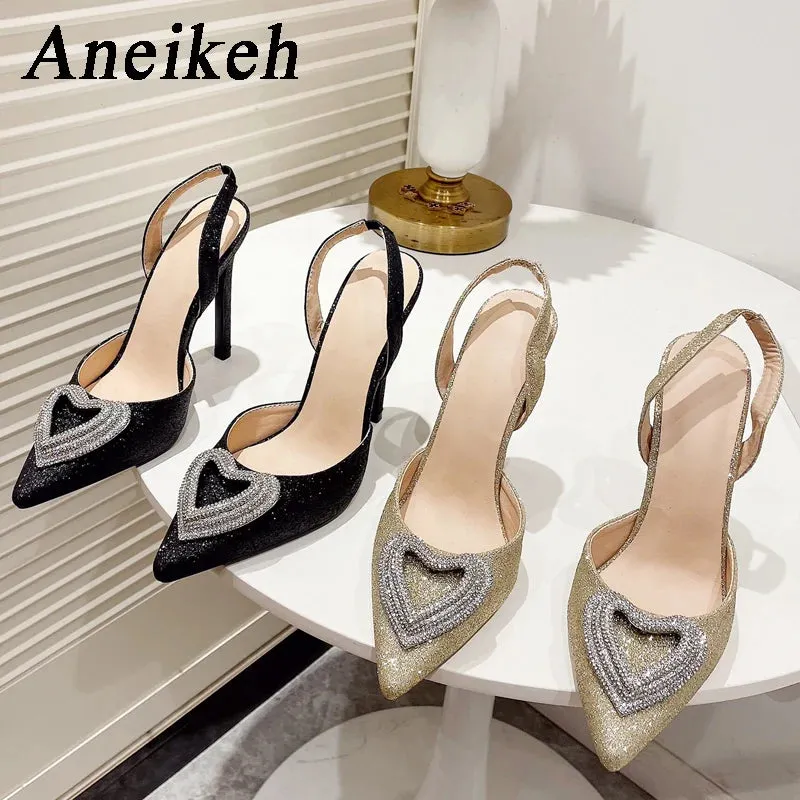 Aneikeh Glitter Heart-shaped Rhinestone Sandals Pumps 2025