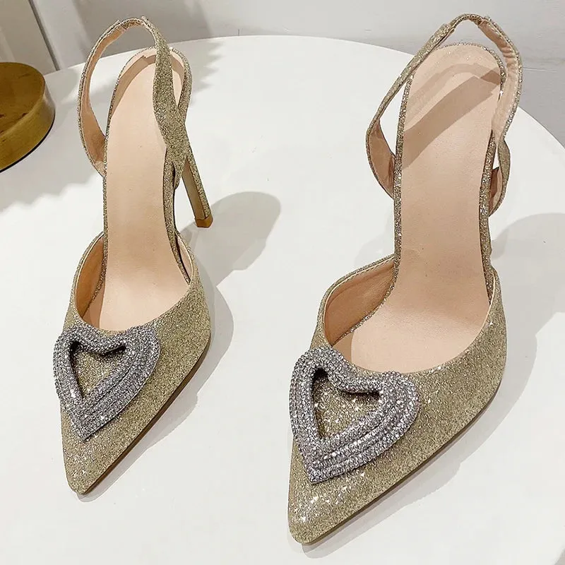 Aneikeh Glitter Heart-shaped Rhinestone Sandals Pumps 2025