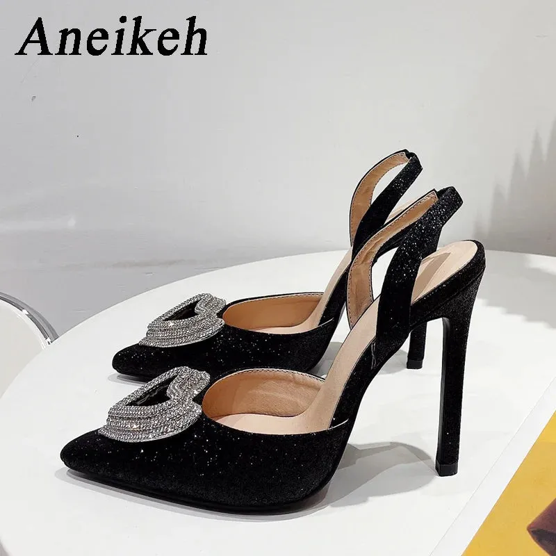 Aneikeh Glitter Heart-shaped Rhinestone Sandals Pumps 2025