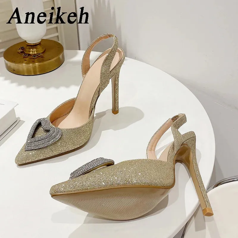 Aneikeh Glitter Heart-shaped Rhinestone Sandals Pumps 2025