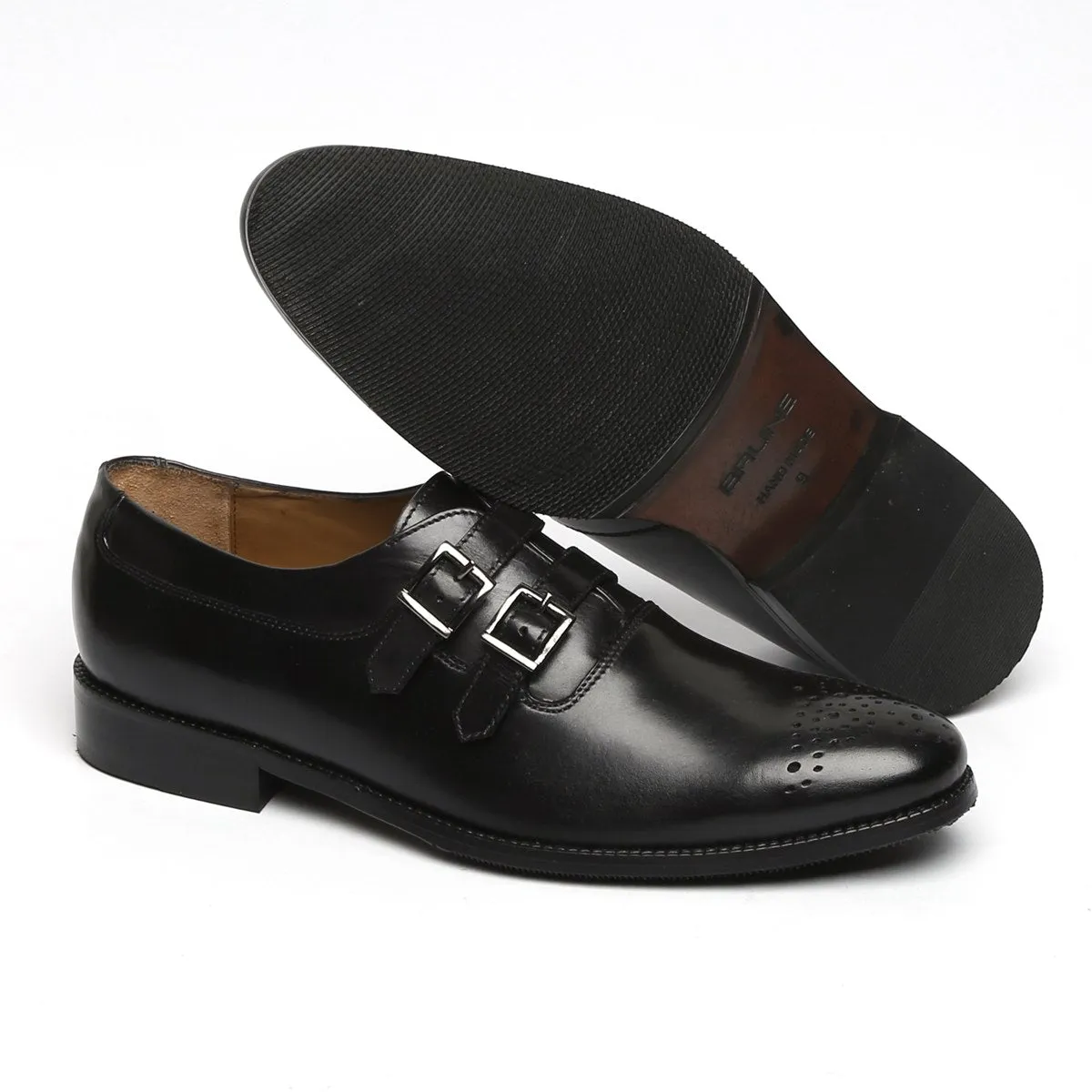 BLACK PARALLEL DOUBLE MONK STRAPS LEATHER FORMAL SHOES BY BRUNE & BARESKIN