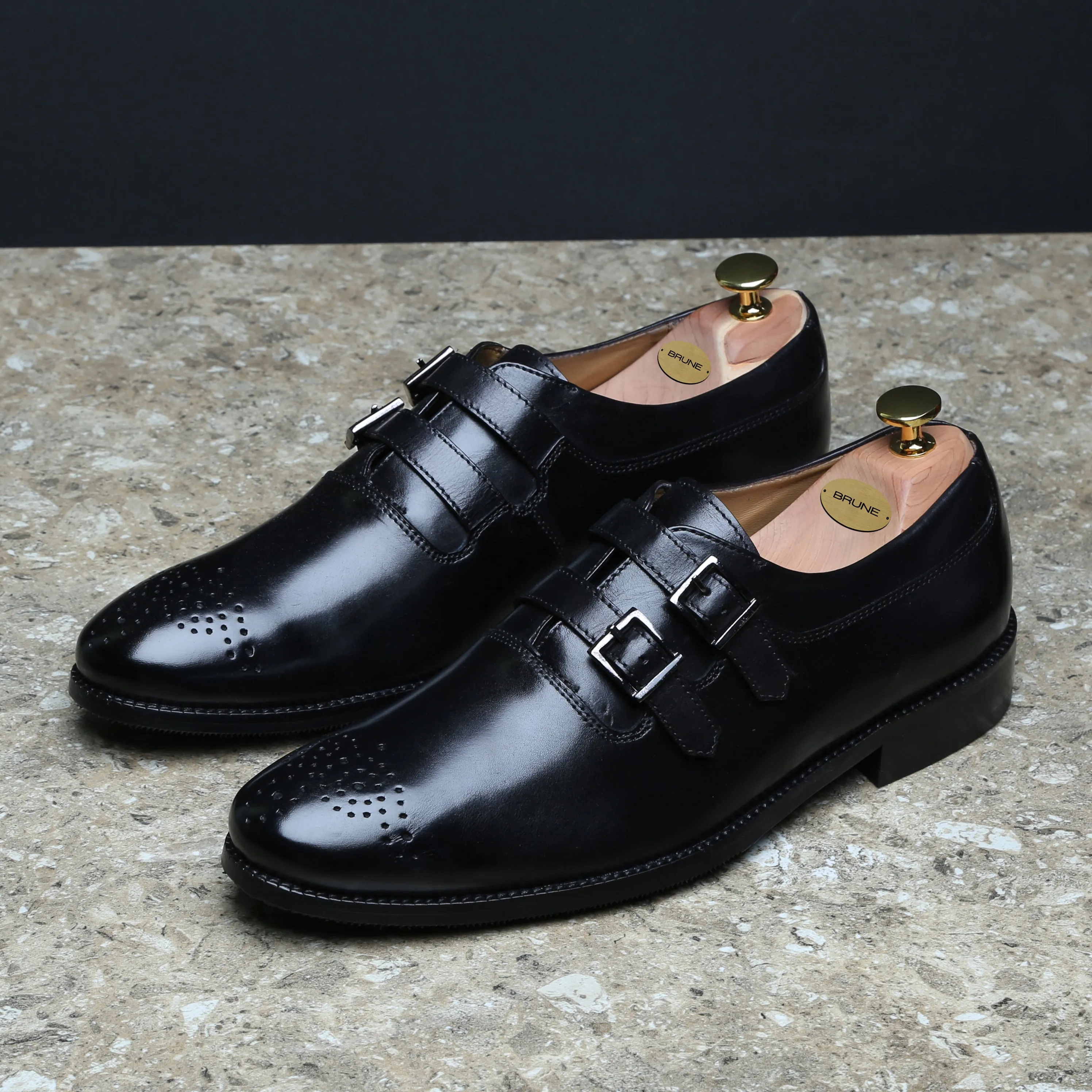 BLACK PARALLEL DOUBLE MONK STRAPS LEATHER FORMAL SHOES BY BRUNE & BARESKIN