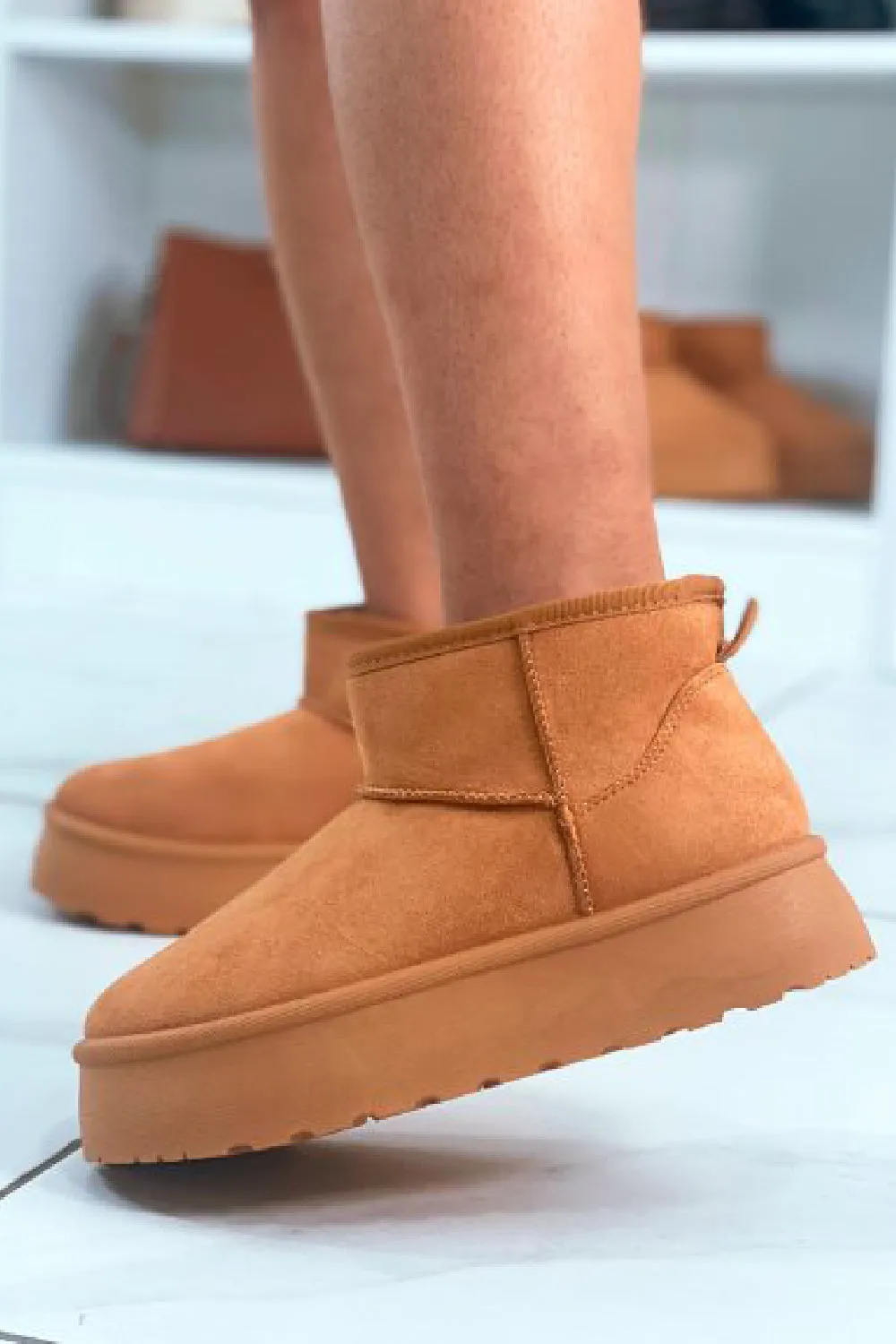 CHESTNUT ULTRA MINI PLATFORM FAUX FUR LINED ANKLE BOOTS