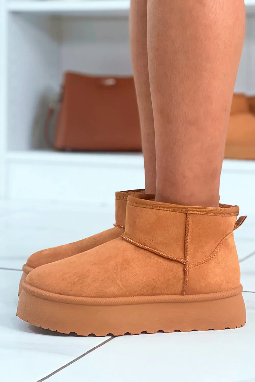 CHESTNUT ULTRA MINI PLATFORM FAUX FUR LINED ANKLE BOOTS