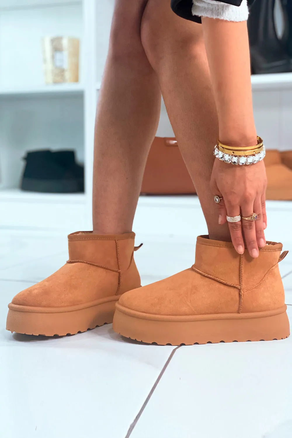 CHESTNUT ULTRA MINI PLATFORM FAUX FUR LINED ANKLE BOOTS