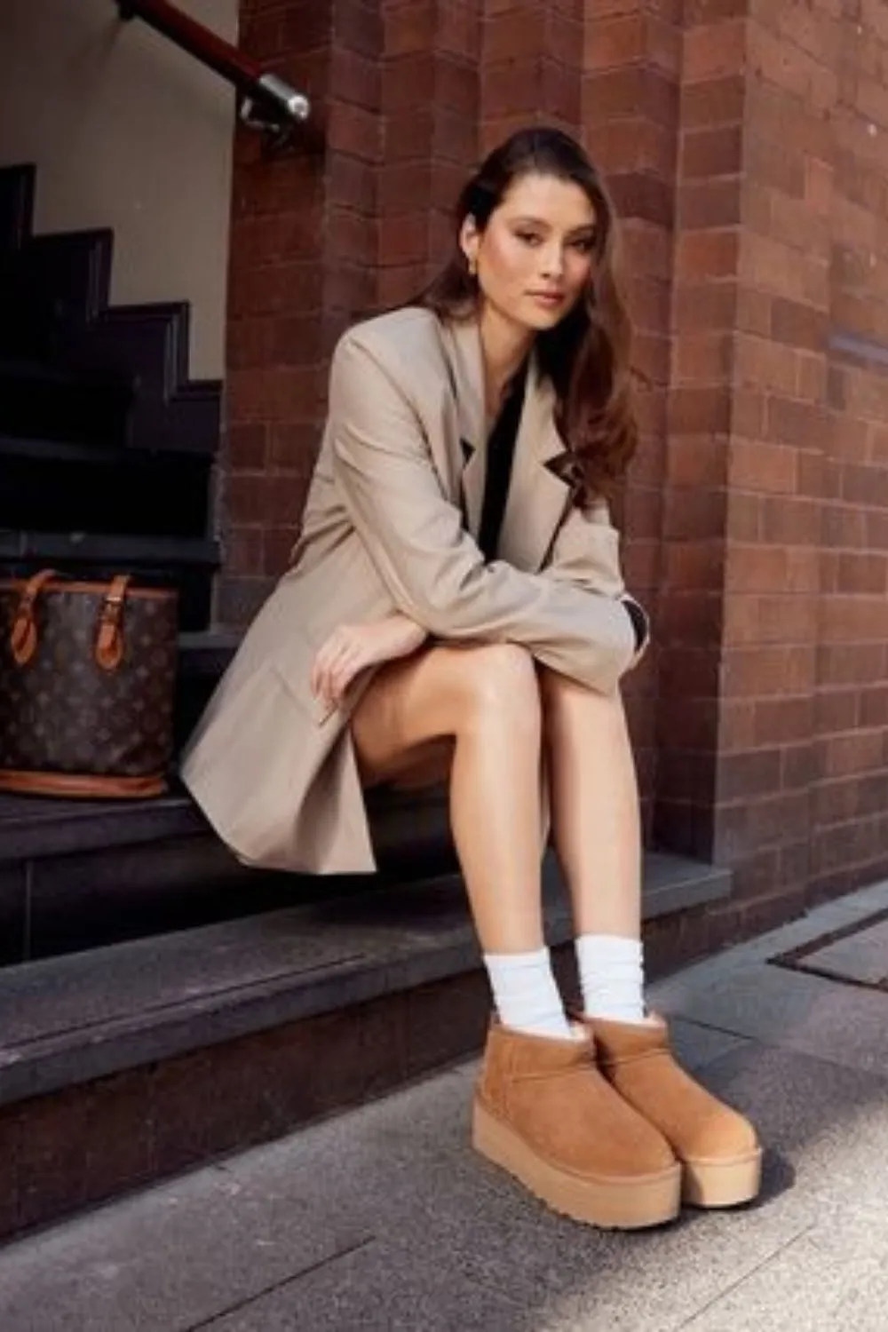 CHESTNUT ULTRA MINI PLATFORM FAUX FUR LINED ANKLE BOOTS