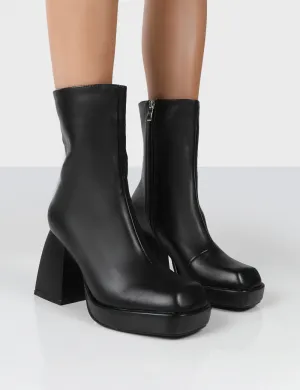 Clover Black Pu Chunky Heel Ankle Boots