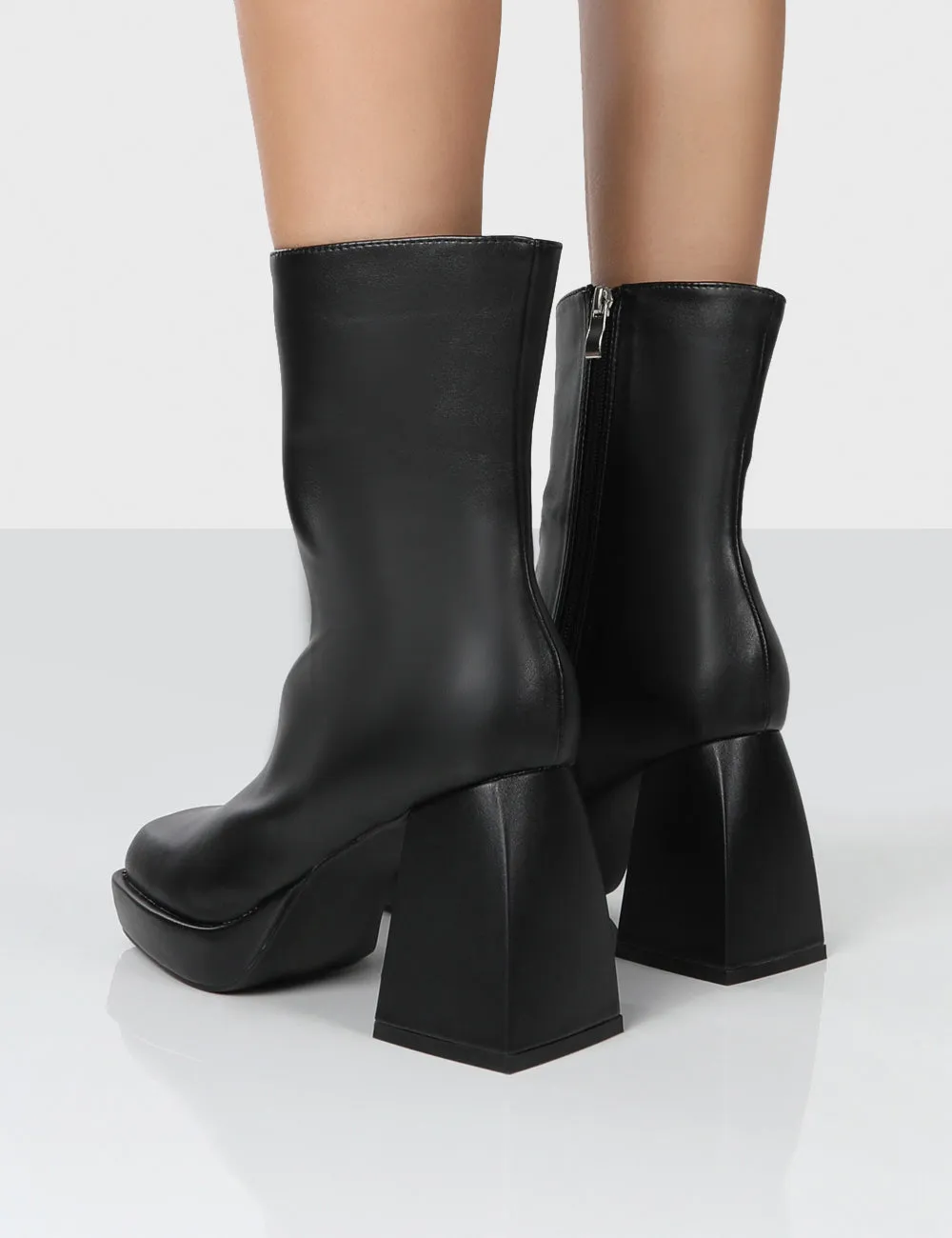 Clover Black Pu Chunky Heel Ankle Boots