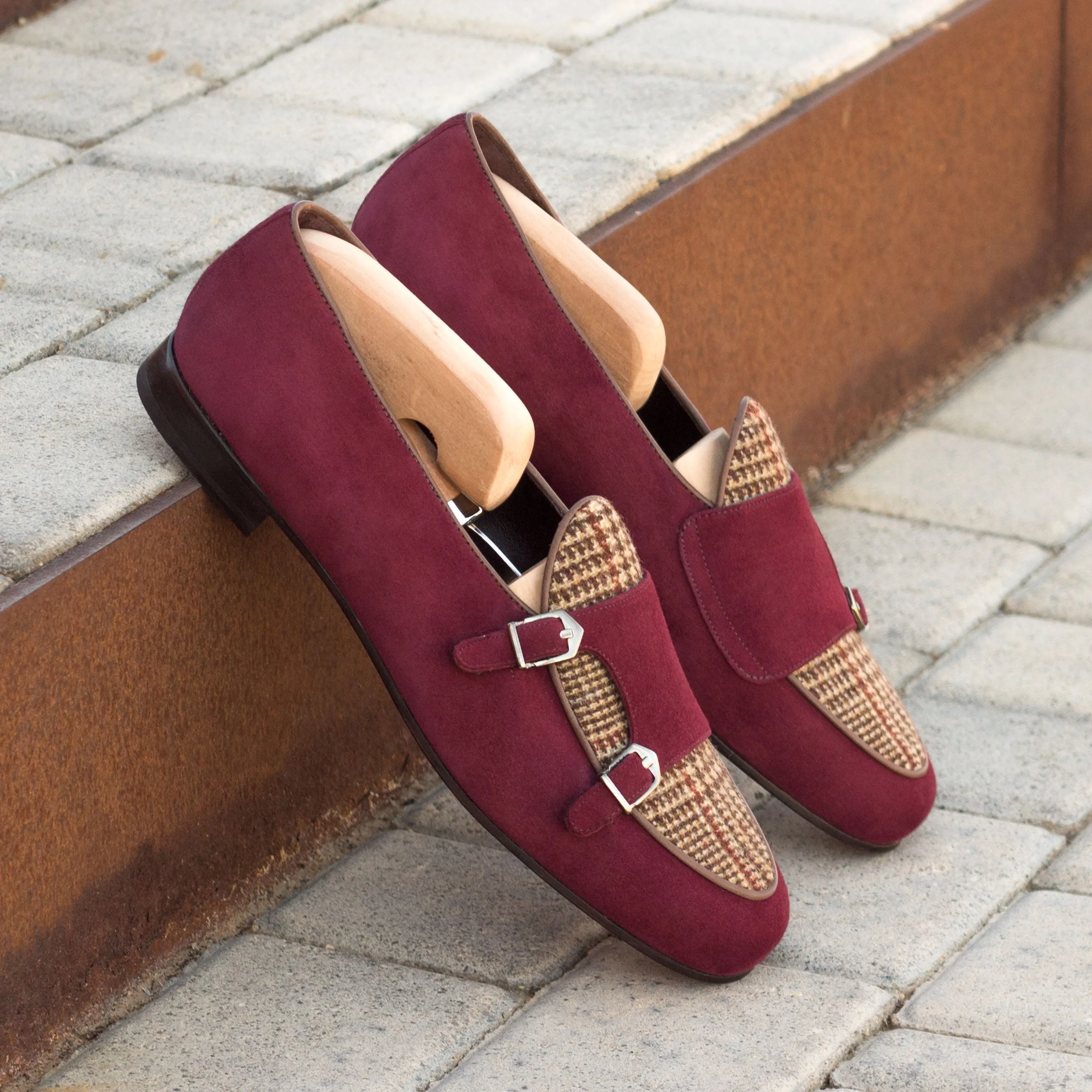 DapperFam Rialto in Wine / Tweed / Dark Brown Men's Suede & Sartorial & Italian Leather Monk Slipper