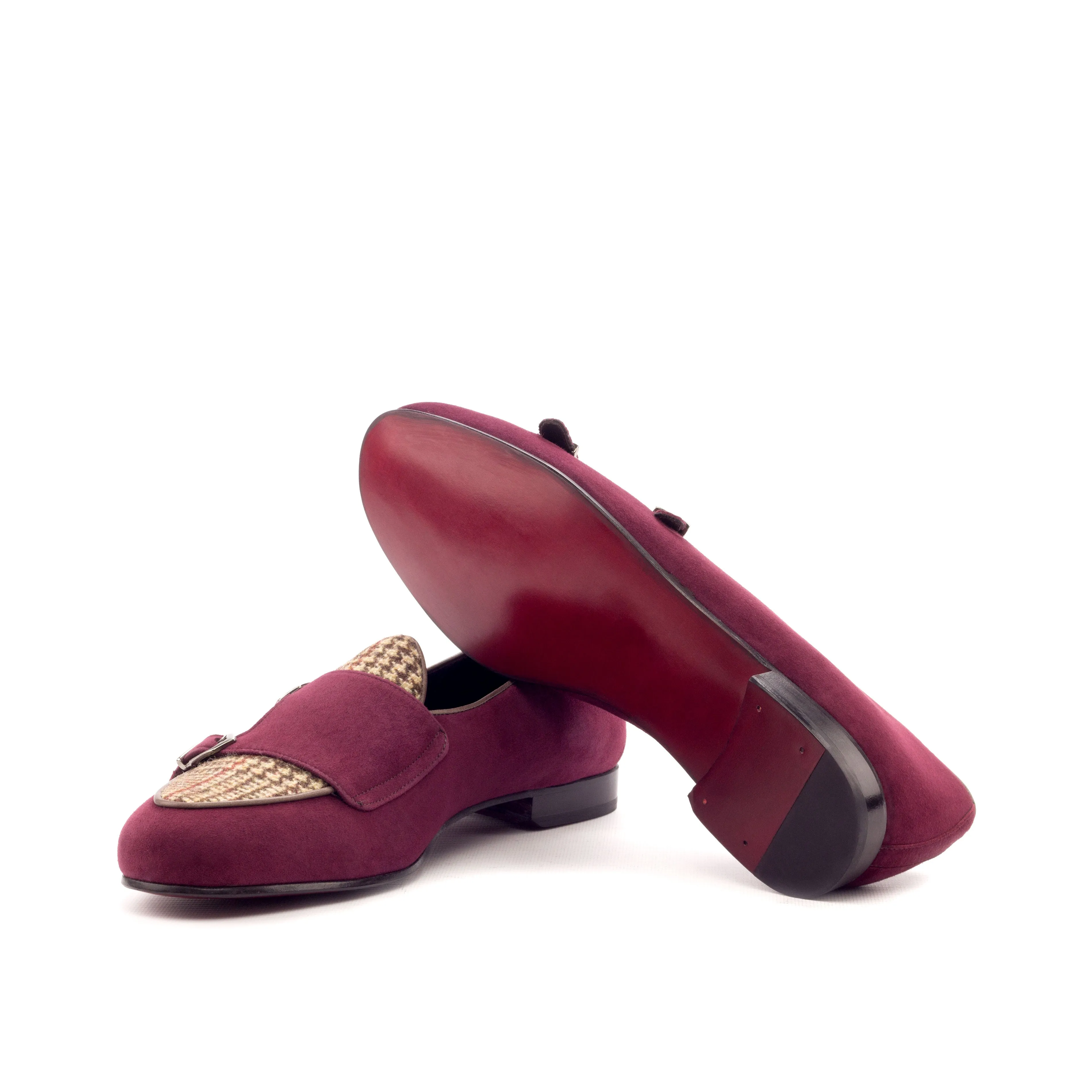 DapperFam Rialto in Wine / Tweed / Dark Brown Men's Suede & Sartorial & Italian Leather Monk Slipper