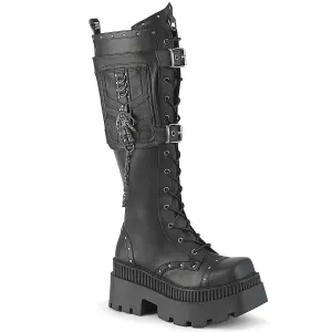 DemoniaCult Wrath 205 Womens 3 1/4 Inch Heel, Platform Front Lace Knee Length Boots with Buckles