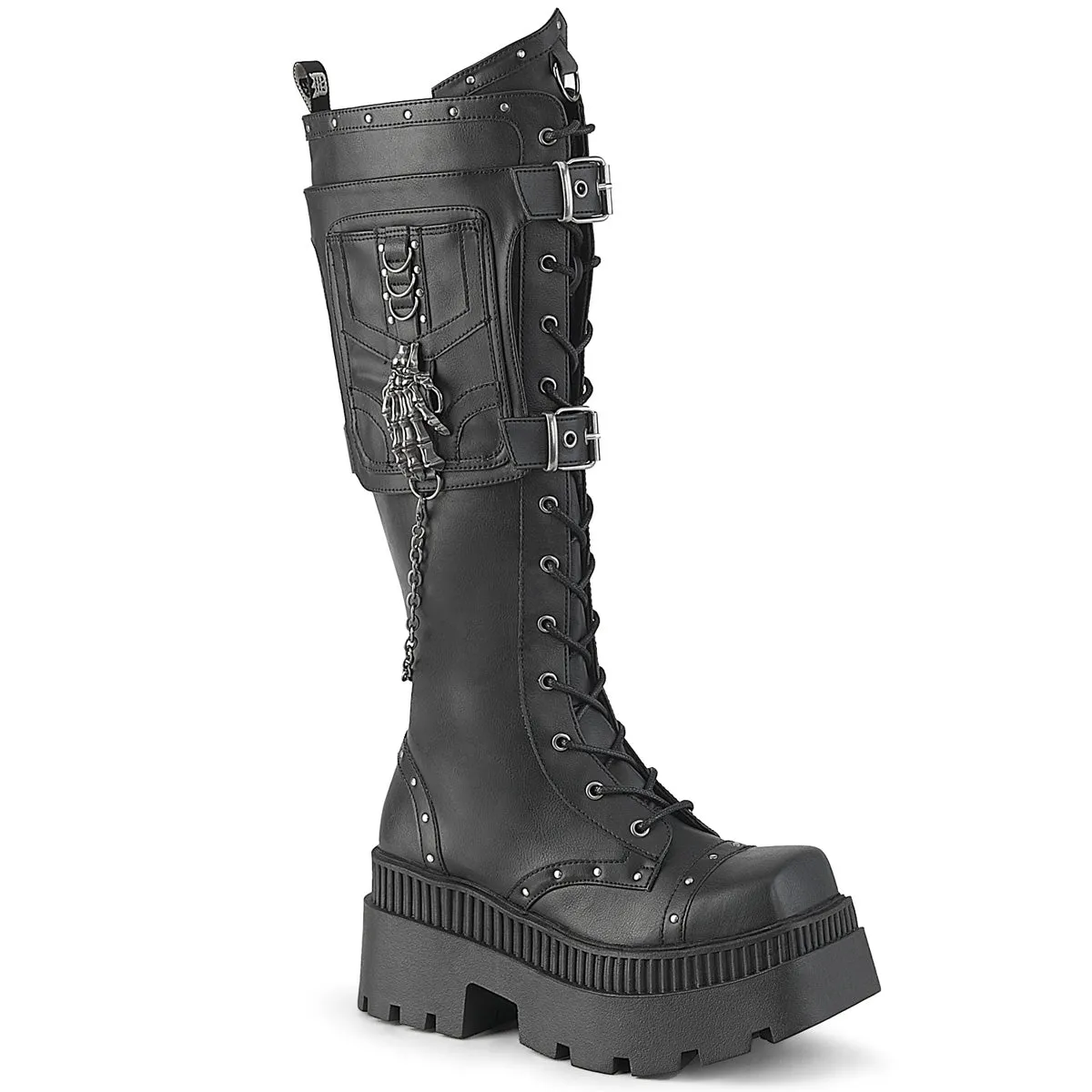 DemoniaCult Wrath 205 Womens 3 1/4 Inch Heel, Platform Front Lace Knee Length Boots with Buckles