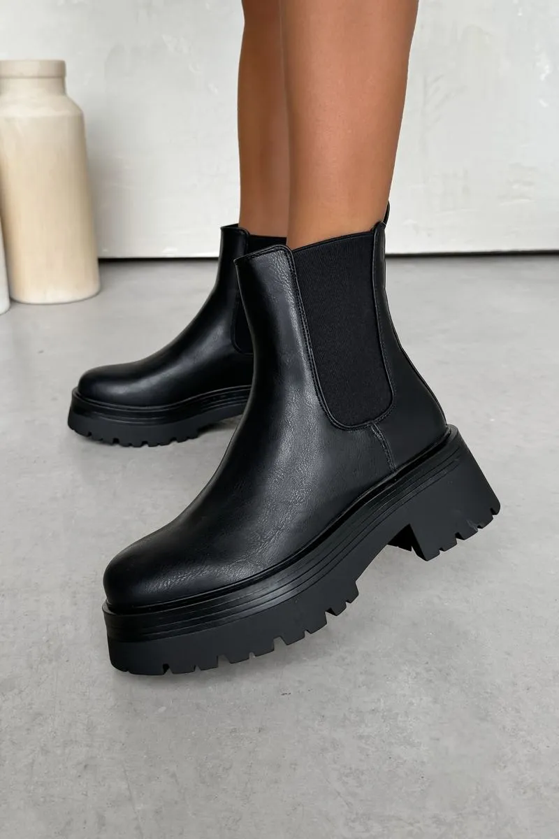 ELENA Chunky Platform Chelsea Ankle Boots - Black PU