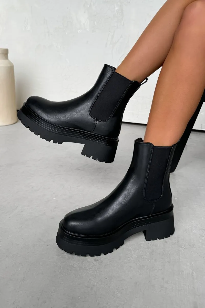 ELENA Chunky Platform Chelsea Ankle Boots - Black PU