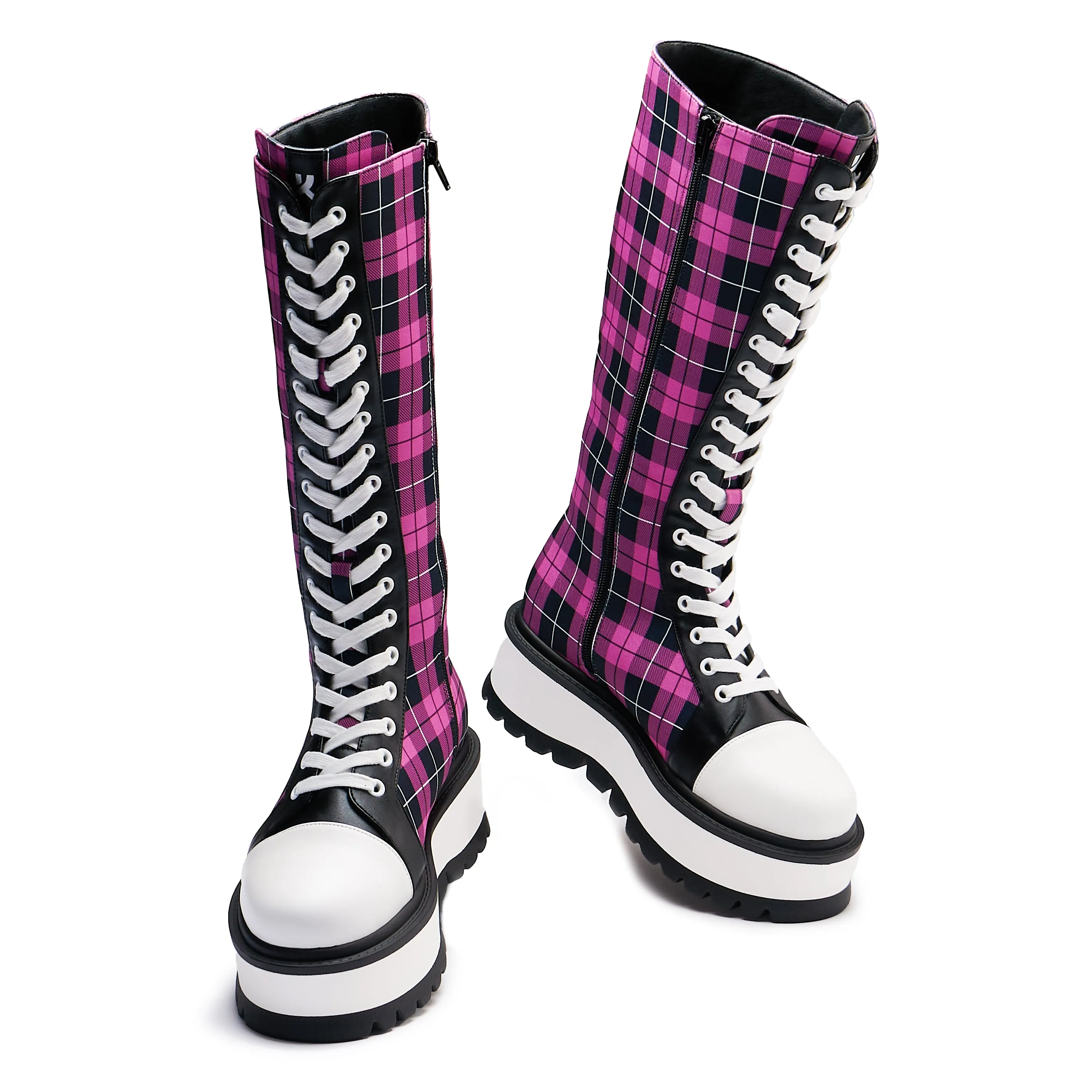 Irrelevant Long Platform Boots - Pink Check