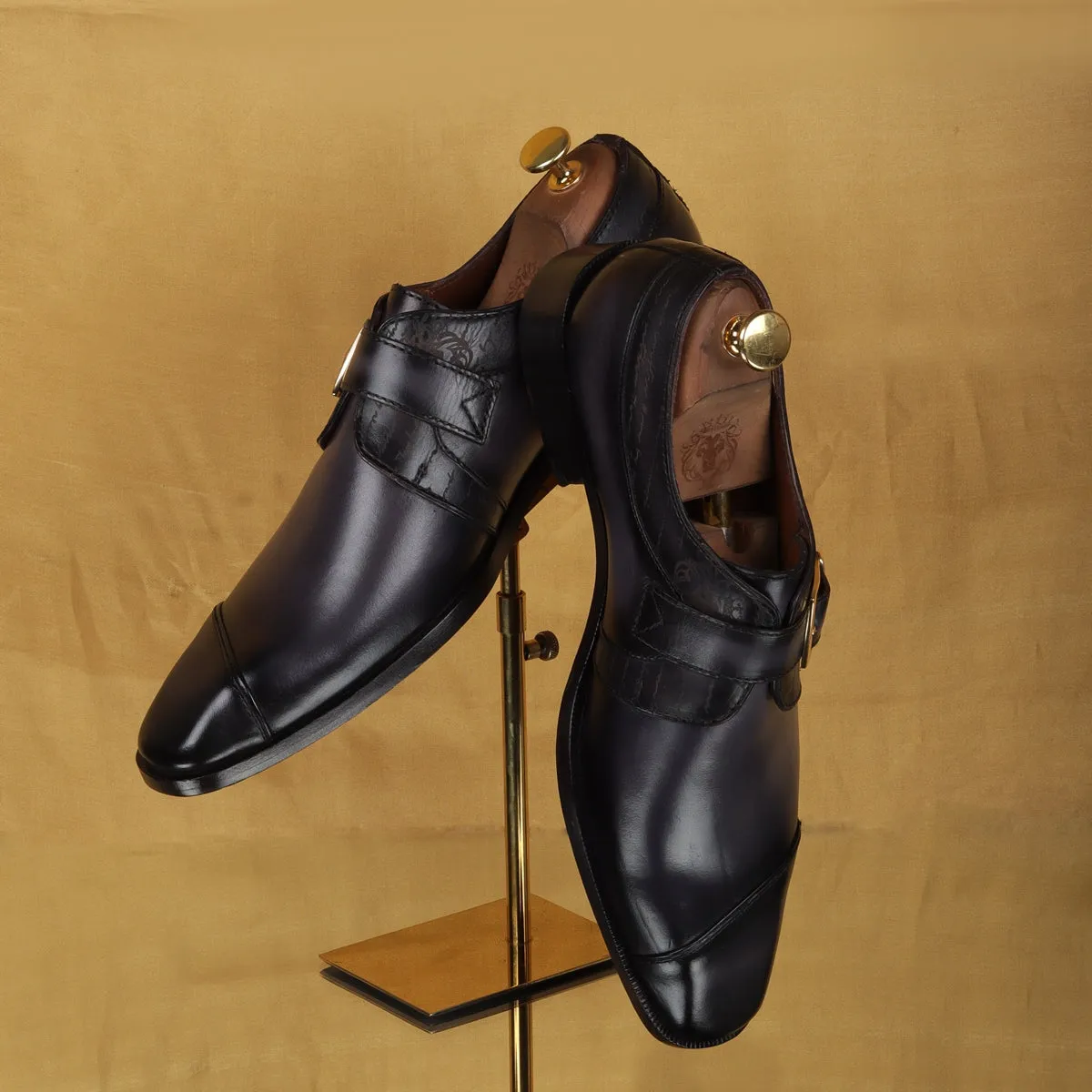 Laser Engraved Single Monk Formal Shoes in  Grey Leather Slant Cap Toe Top Line By Brune & Bareskin