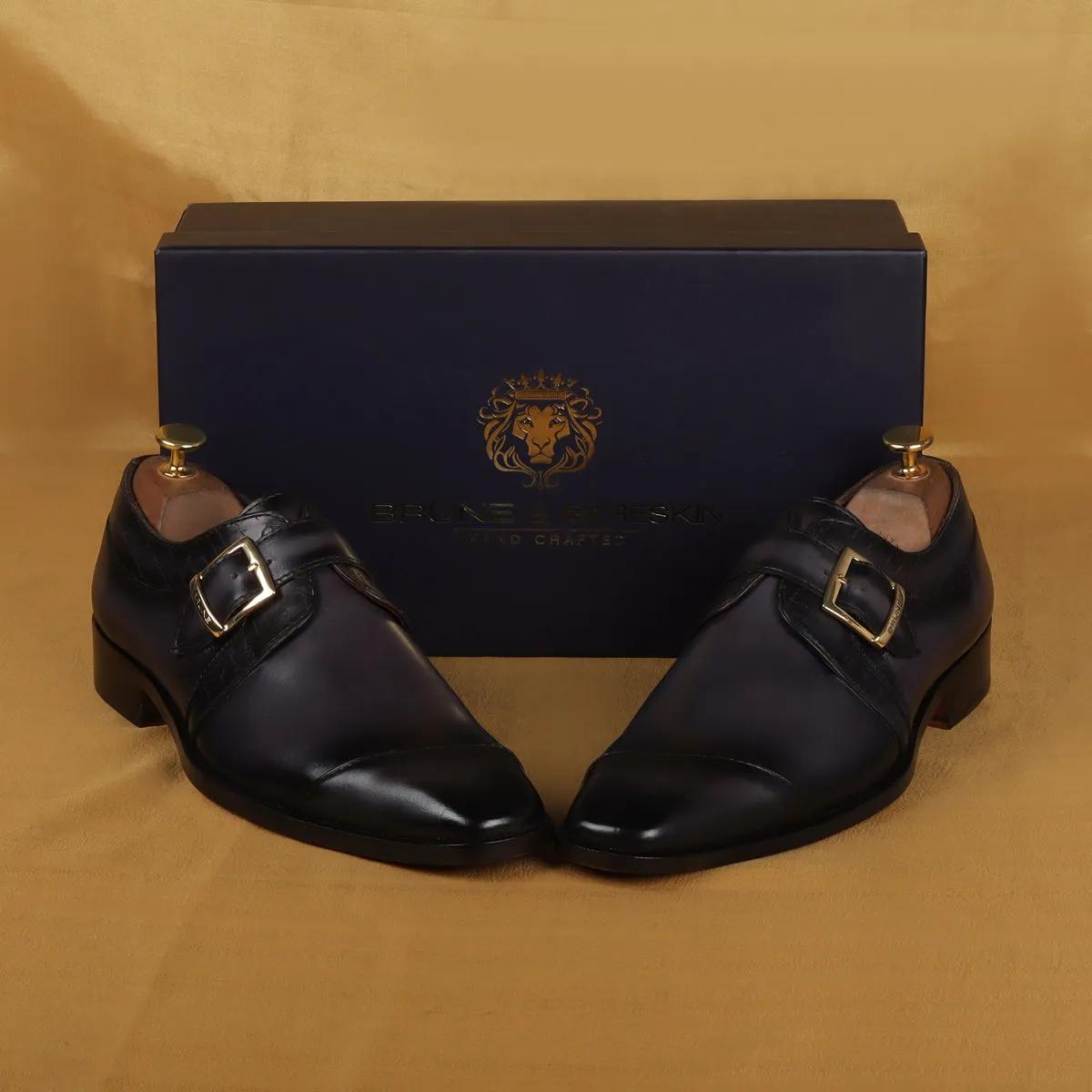 Laser Engraved Single Monk Formal Shoes in  Grey Leather Slant Cap Toe Top Line By Brune & Bareskin