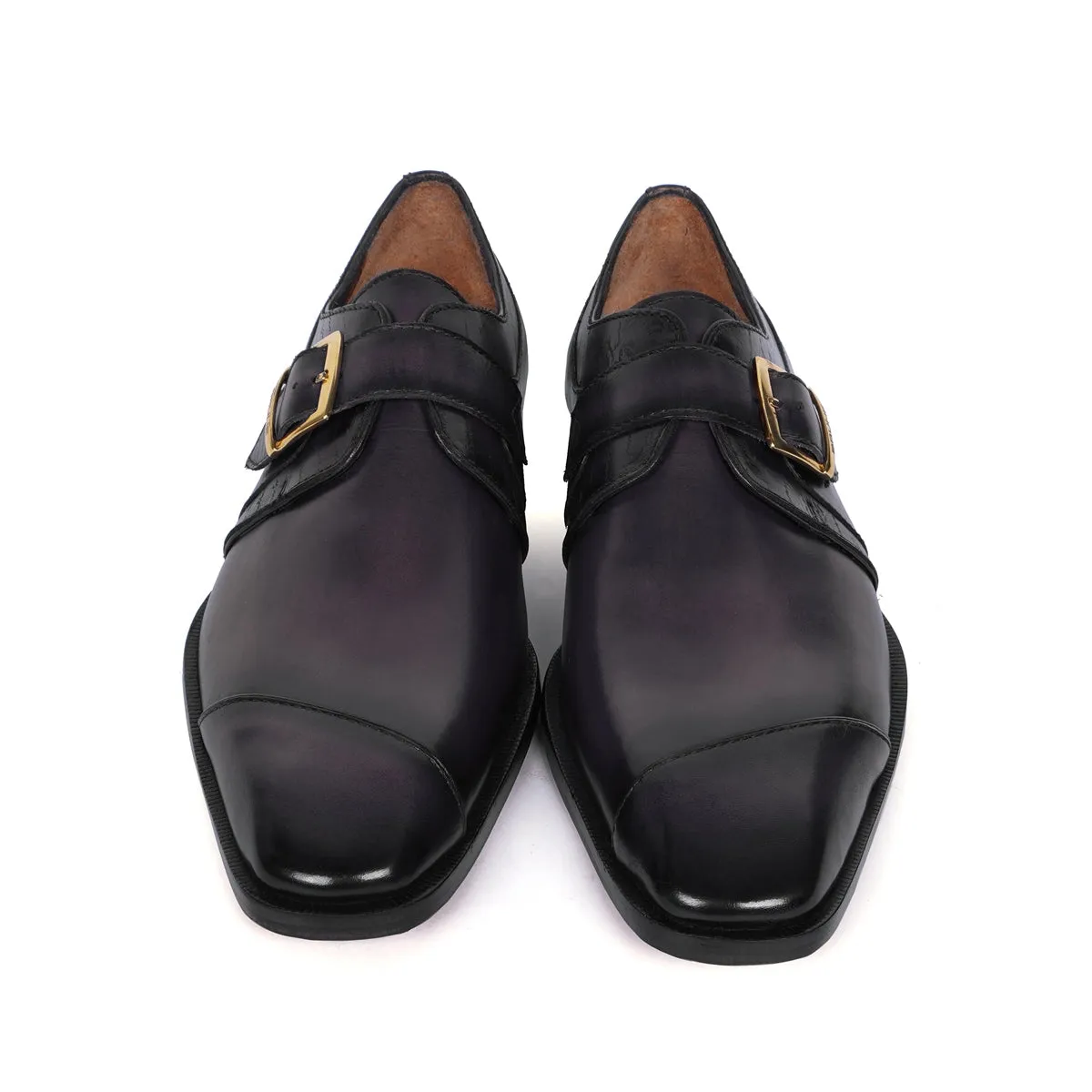 Laser Engraved Single Monk Formal Shoes in  Grey Leather Slant Cap Toe Top Line By Brune & Bareskin