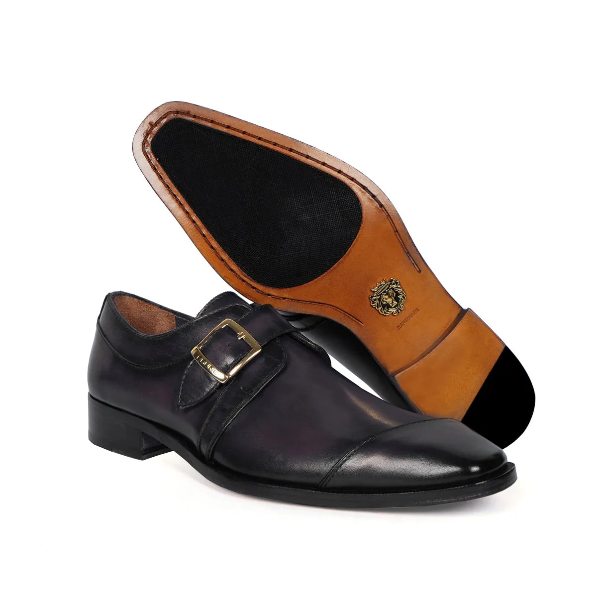 Laser Engraved Single Monk Formal Shoes in  Grey Leather Slant Cap Toe Top Line By Brune & Bareskin