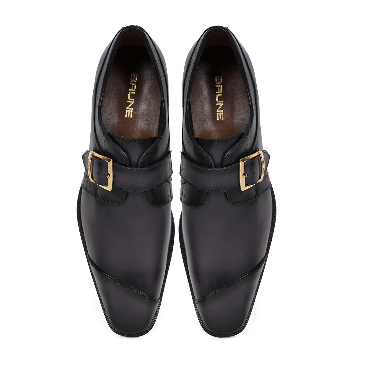 Laser Engraved Single Monk Formal Shoes in  Grey Leather Slant Cap Toe Top Line By Brune & Bareskin
