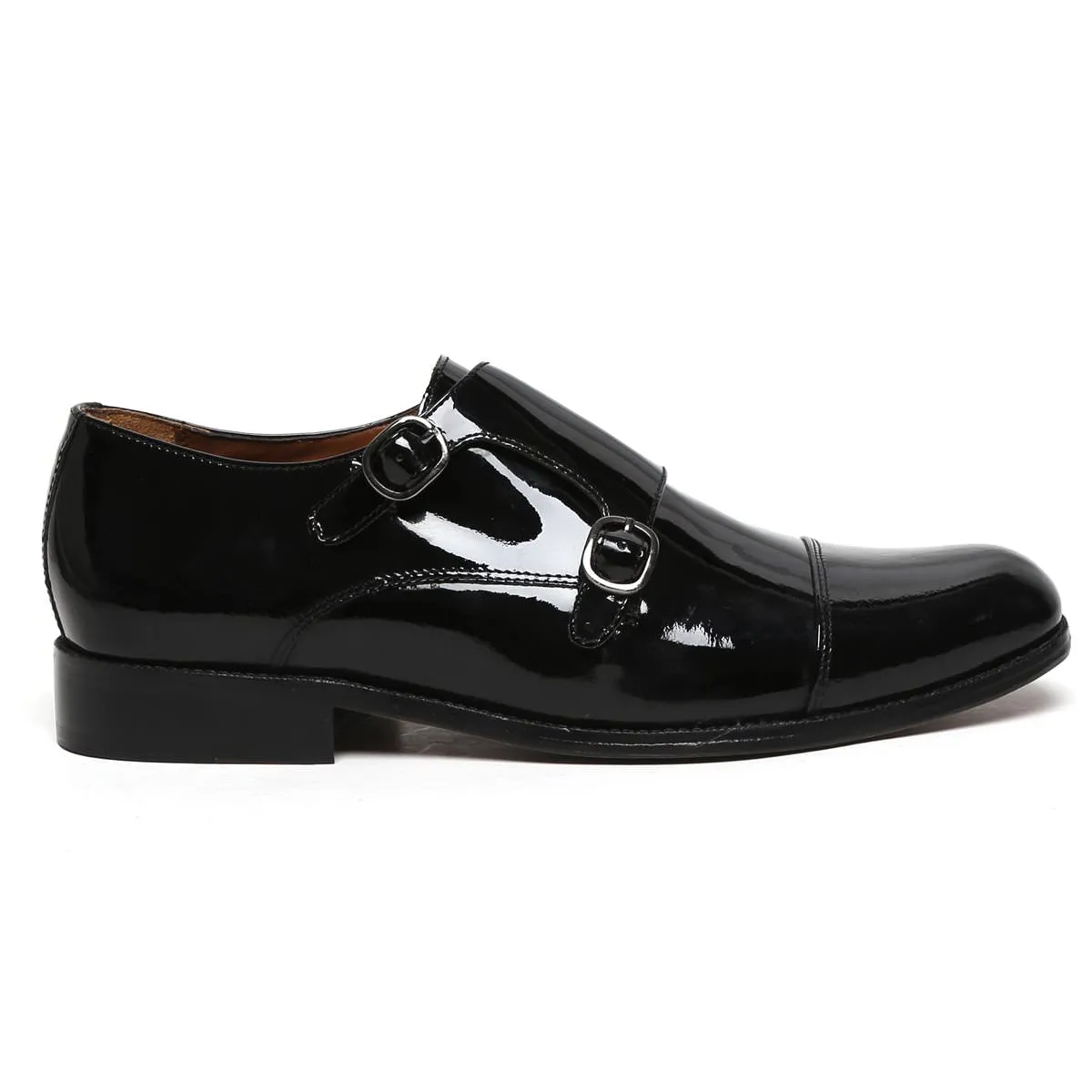 Patent Black Genuine Leather Cap Toe Double Monk Strap Formal Shoes By Brune & Bareskin