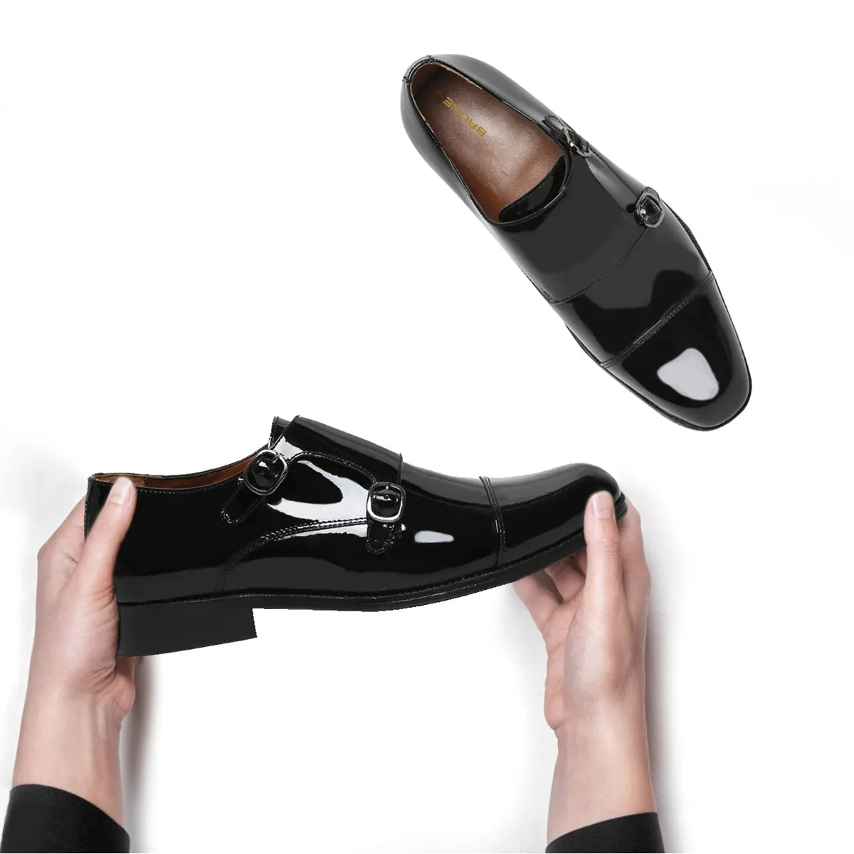 Patent Black Genuine Leather Cap Toe Double Monk Strap Formal Shoes By Brune & Bareskin