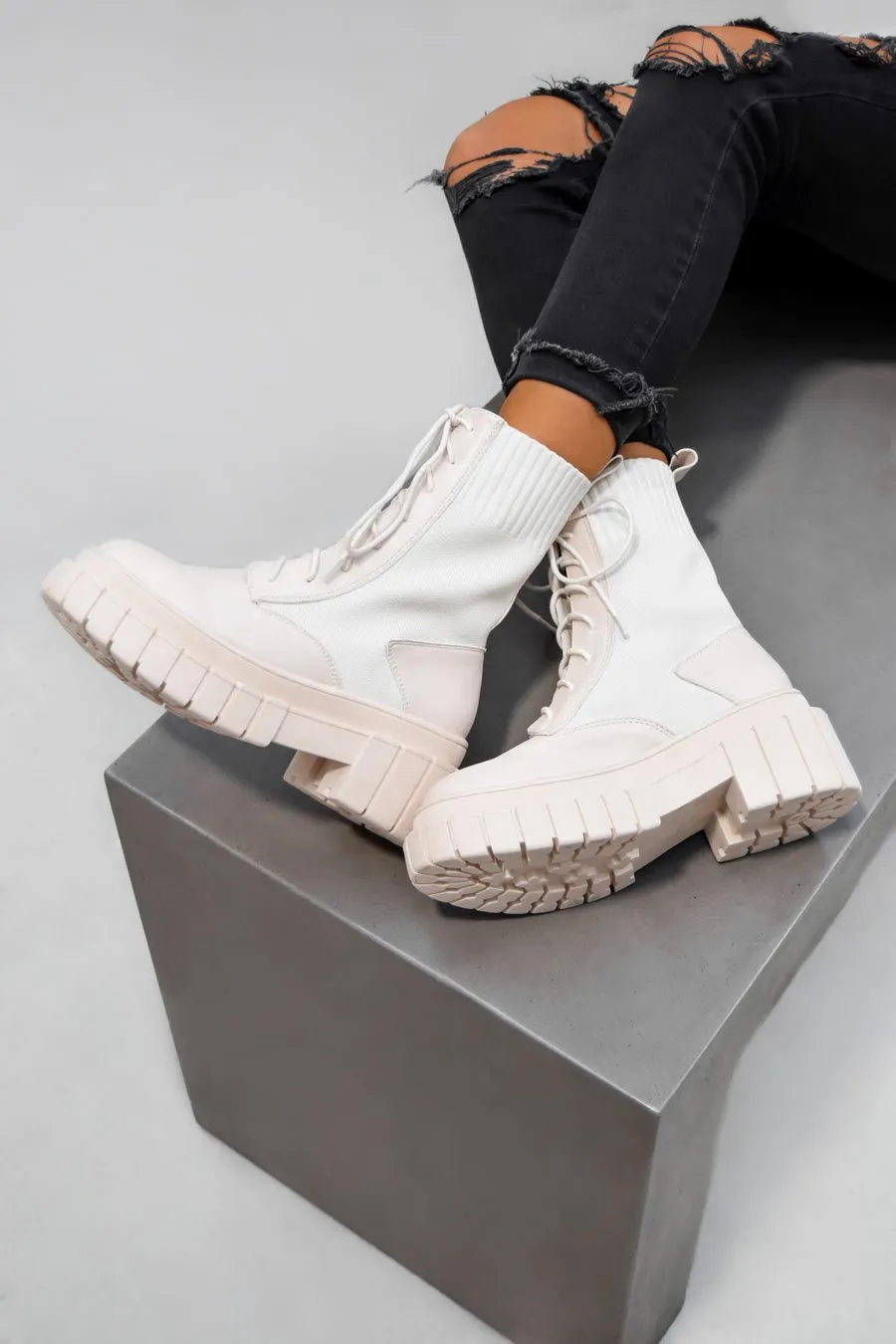 RELOAD Chunky Platform Sock Fit Ankle Boots - Beige