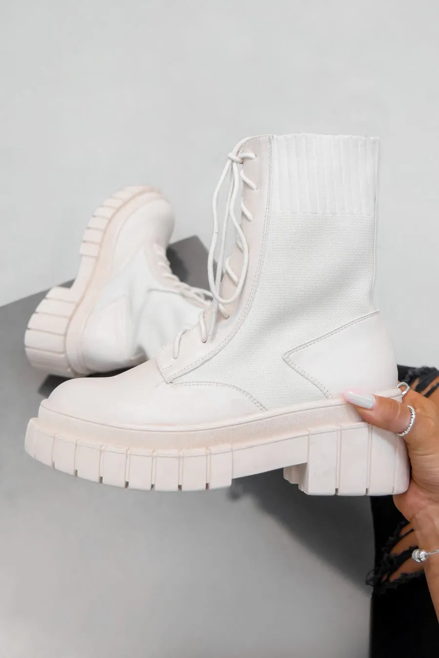 RELOAD Chunky Platform Sock Fit Ankle Boots - Beige