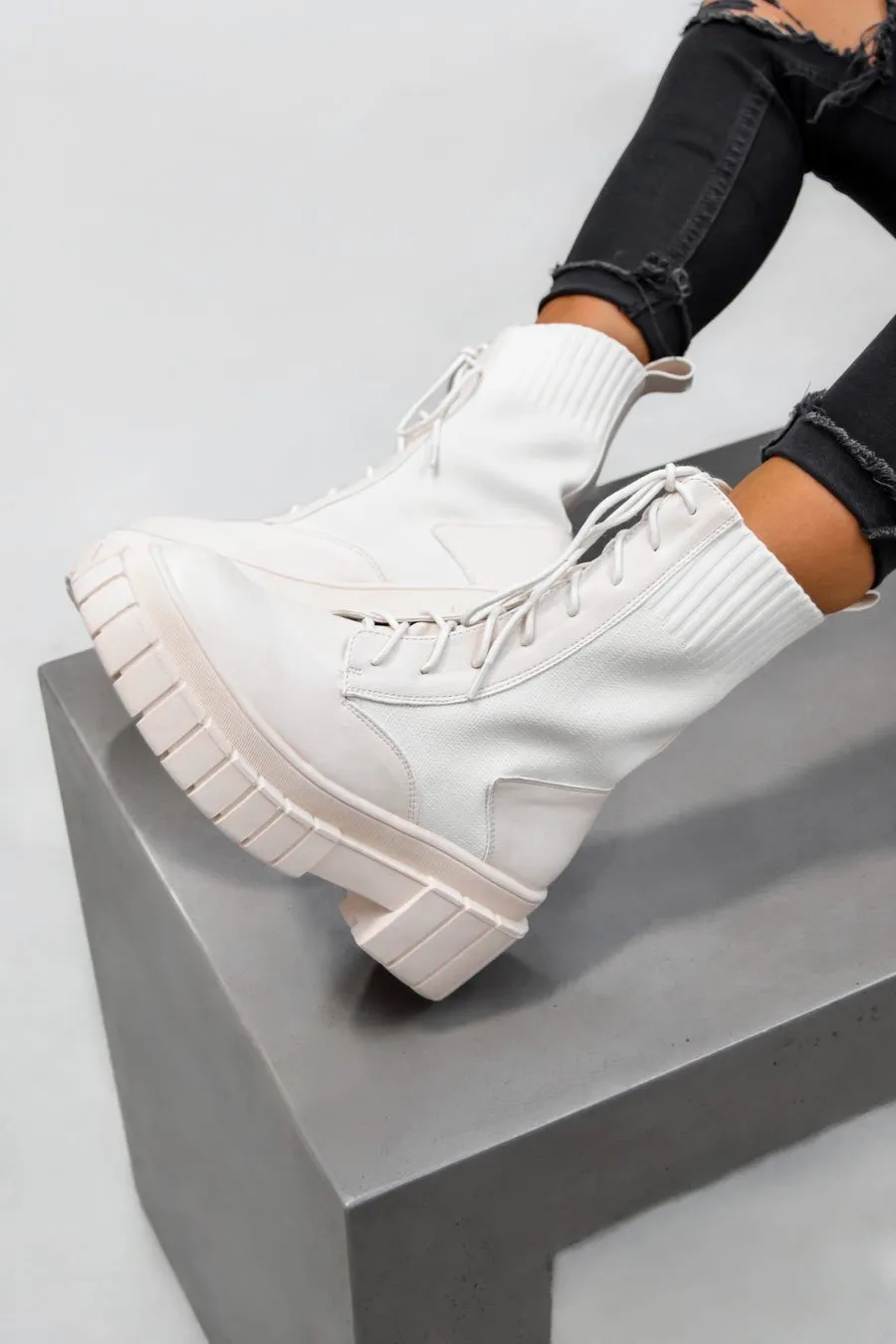 RELOAD Chunky Platform Sock Fit Ankle Boots - Beige