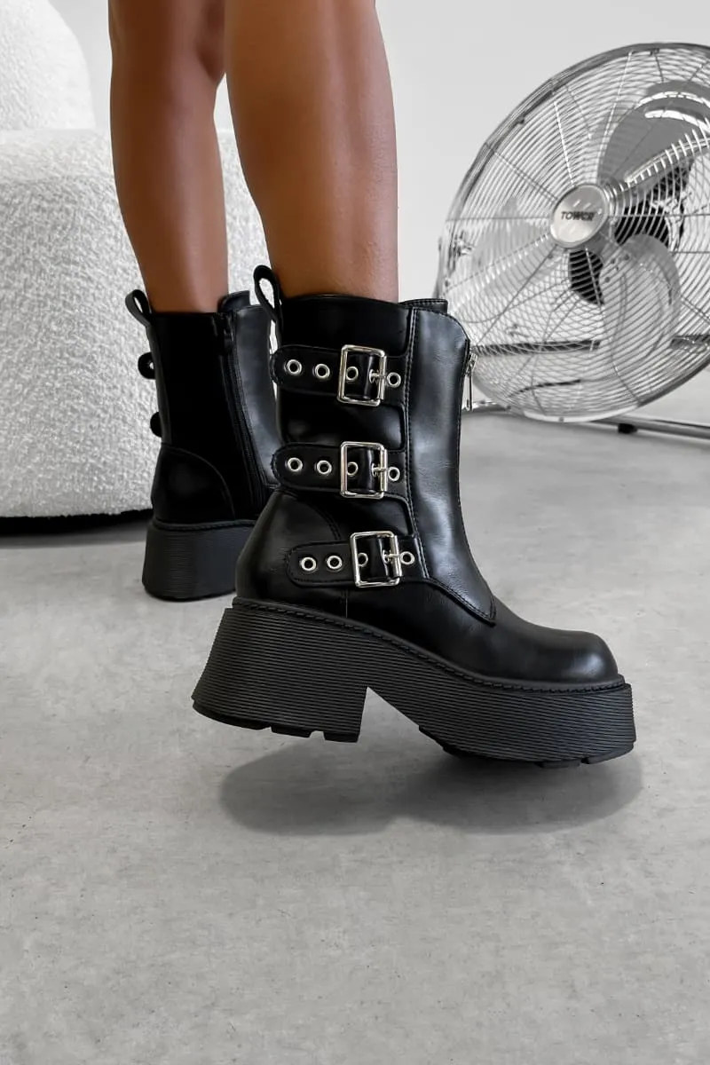 TORI Zip Front Chunky Buckle Ankle Boots - Black