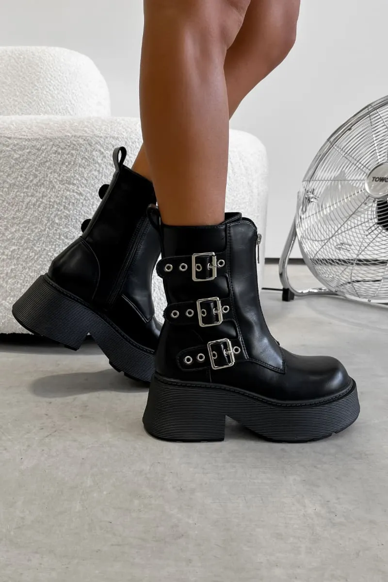 TORI Zip Front Chunky Buckle Ankle Boots - Black