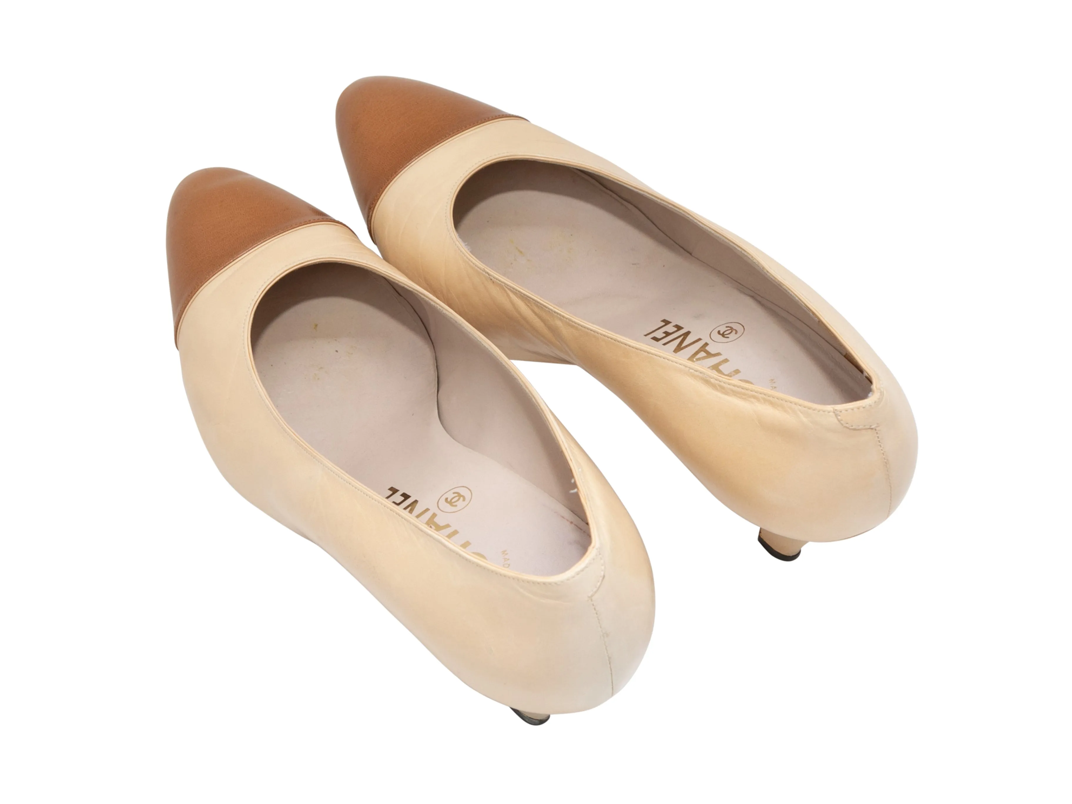Vintage Cream & Tan Chanel Pointed Cap-Toe Pumps Size 40