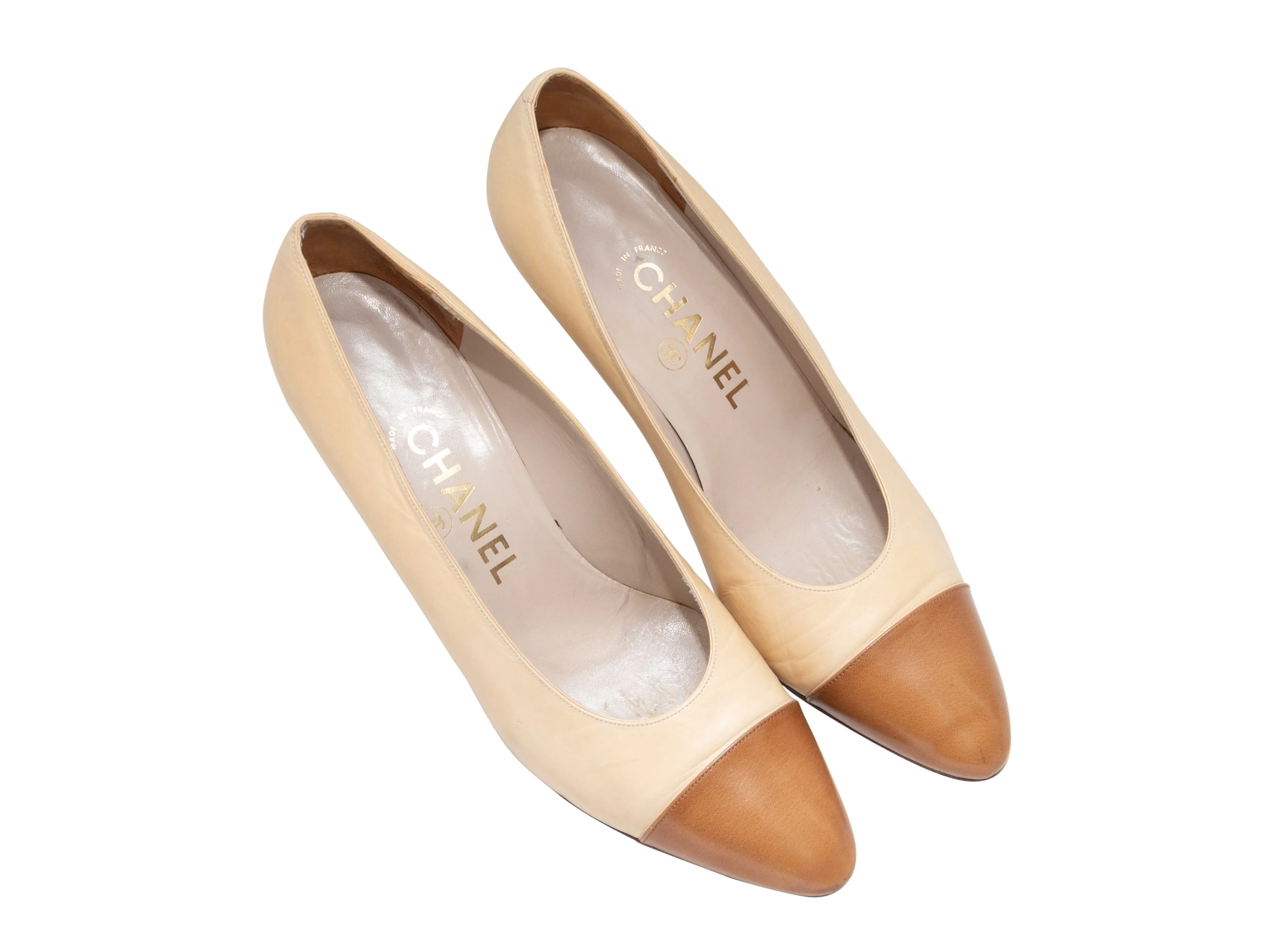 Vintage Cream & Tan Chanel Pointed Cap-Toe Pumps Size 40